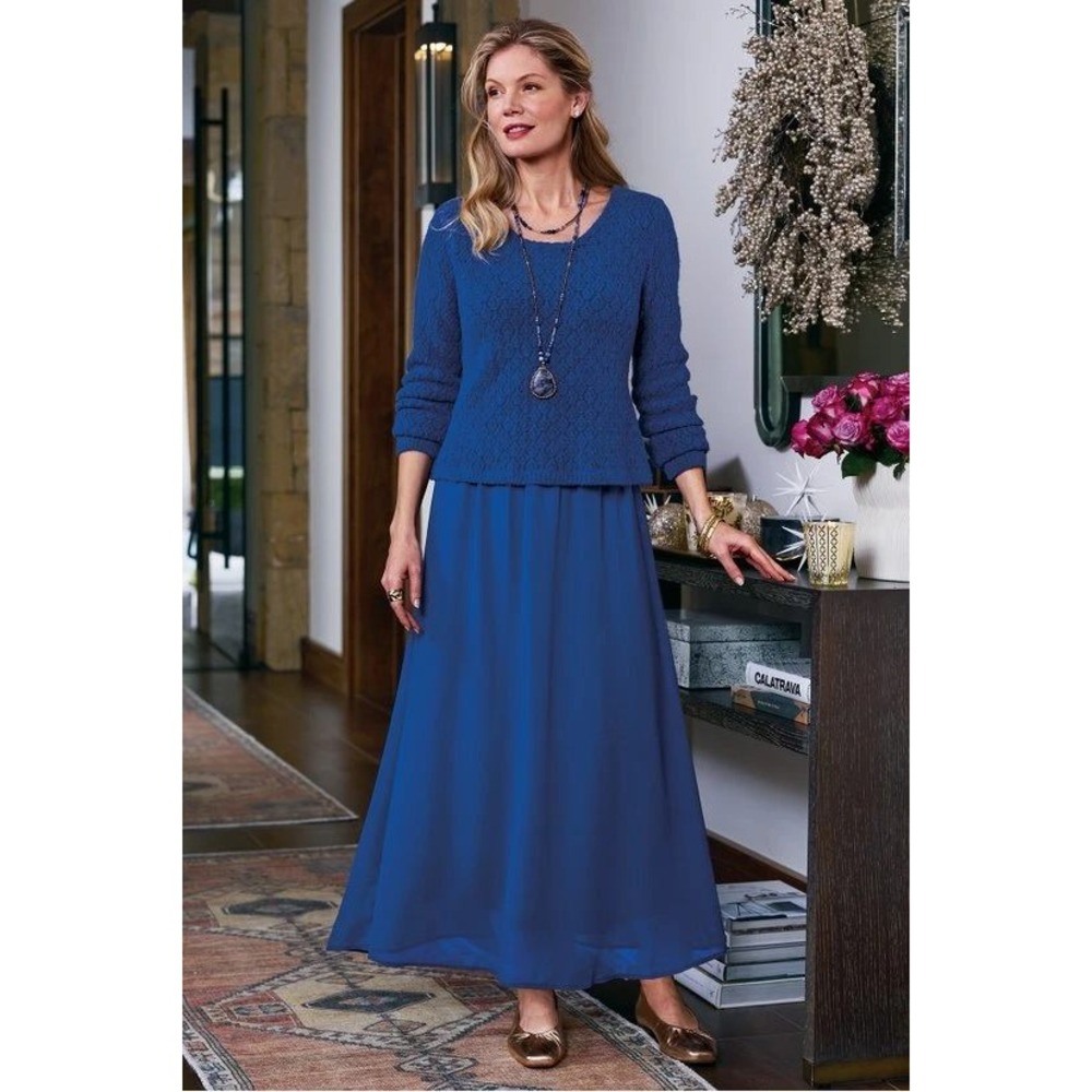 Soft Surroundings Cassie Pointelle Maxi Dress PXS Royal Blue Knit Chiffon NWT